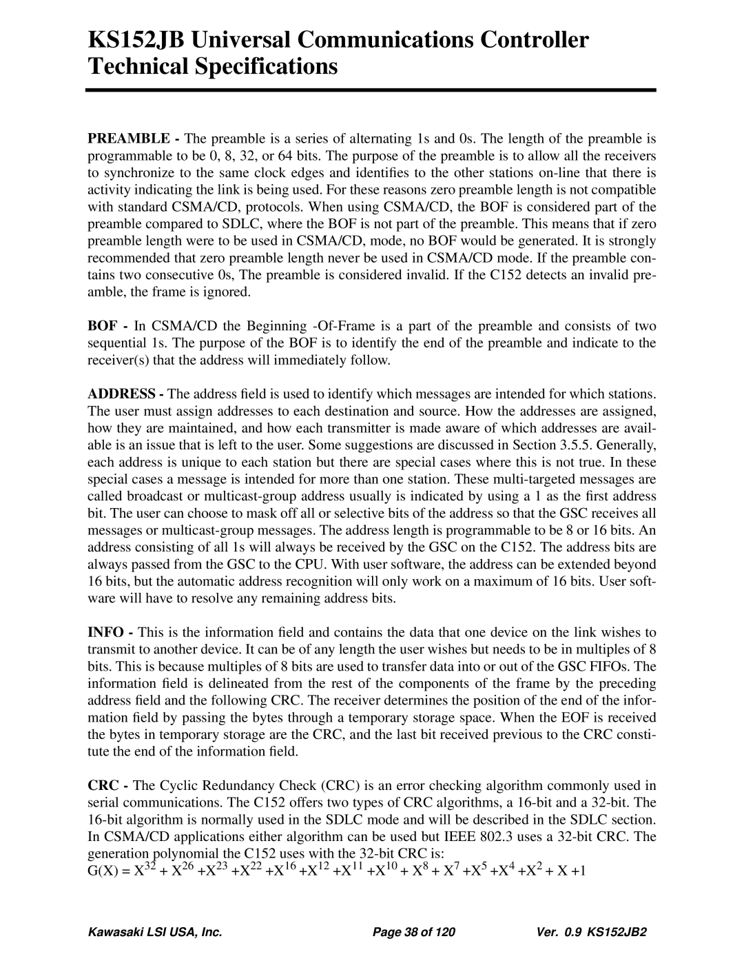 Kawasaki 80C51, 80C152 technical specifications Kawasaki LSI USA, Inc Ver .9 KS152JB2 