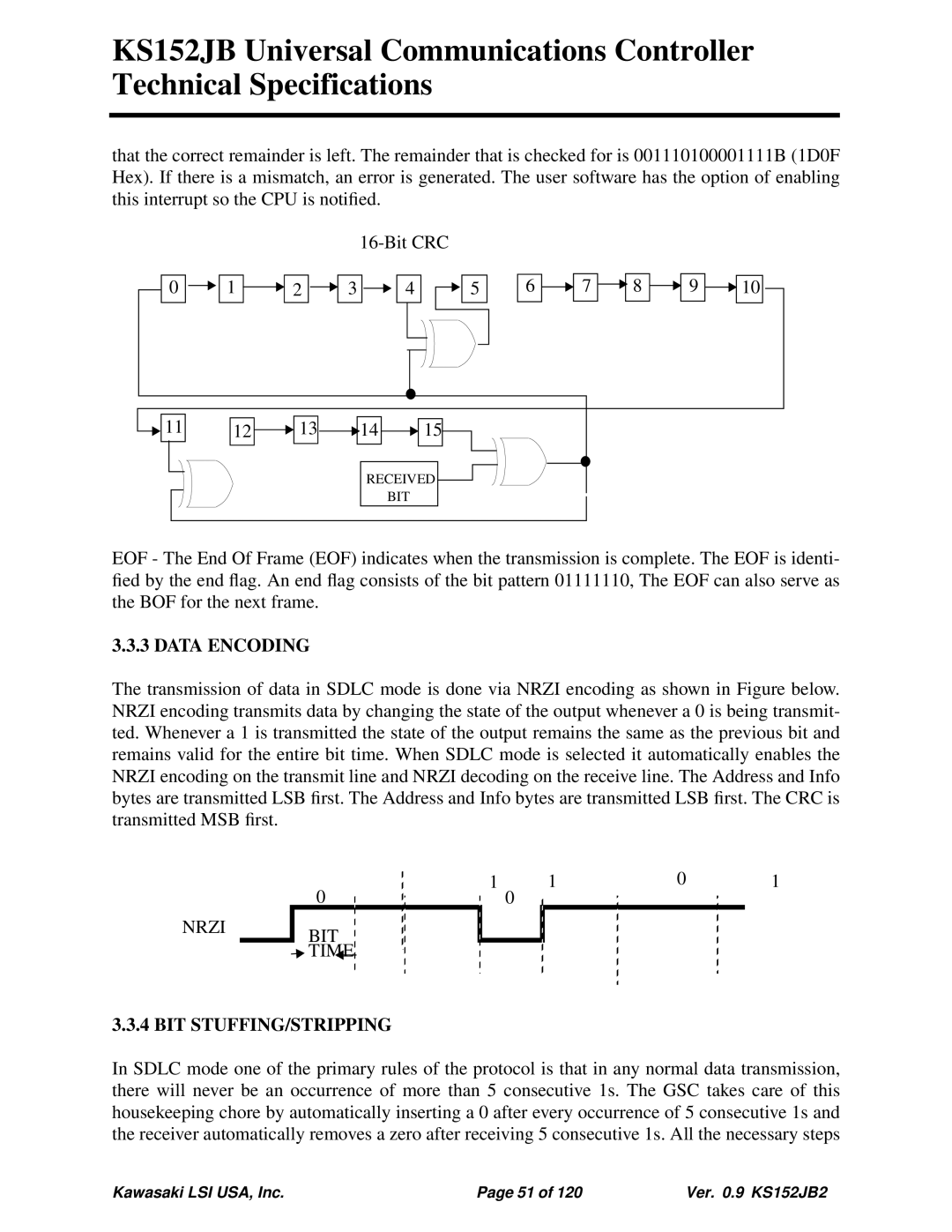 Kawasaki KS152JB, 80C152, 80C51 technical specifications Data Encoding, Nrzi BIT Time, Bit Stuffing/Stripping 