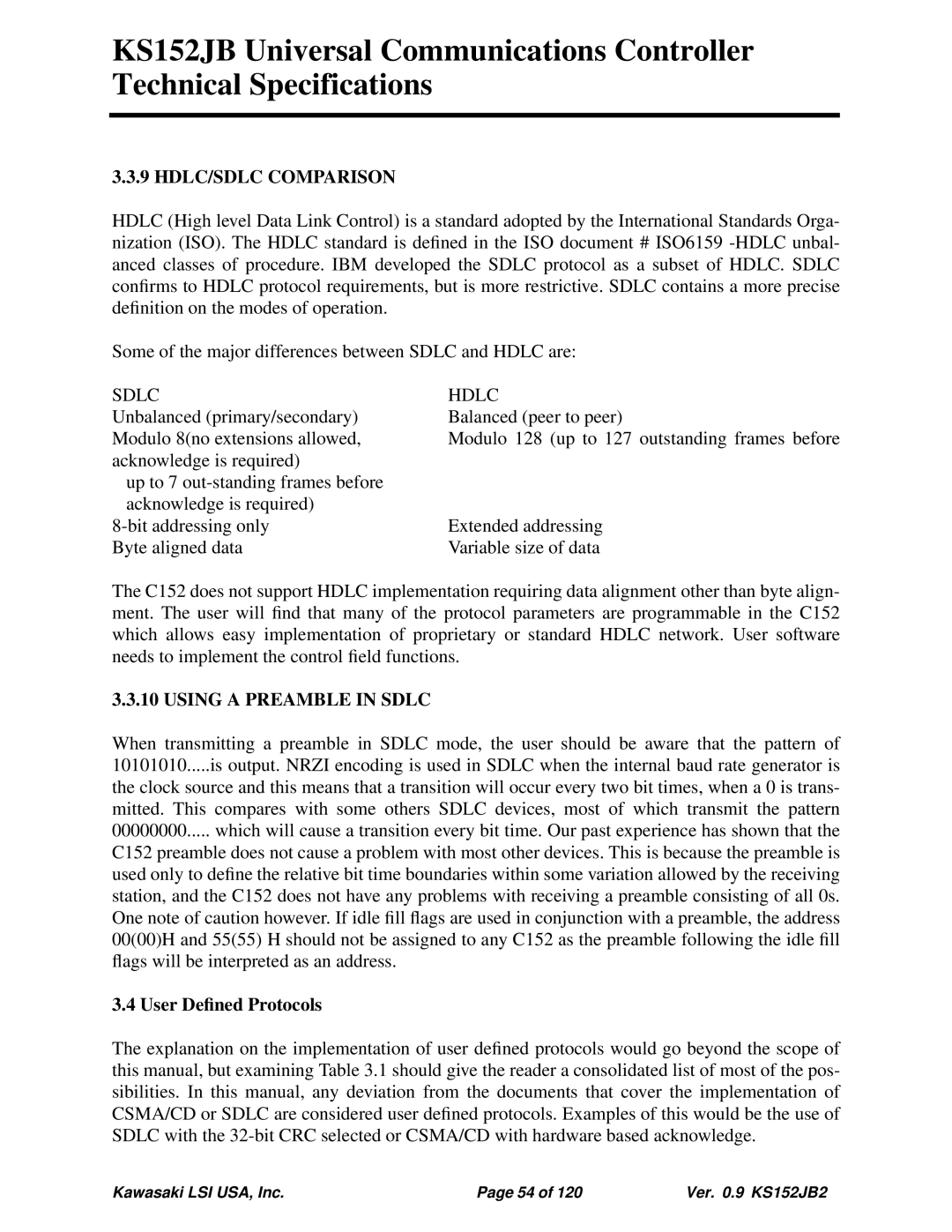 Kawasaki KS152JB, 80C152, 80C51 HDLC/SDLC Comparison, Sdlc Hdlc, Using a Preamble in Sdlc, User Deﬁned Protocols 