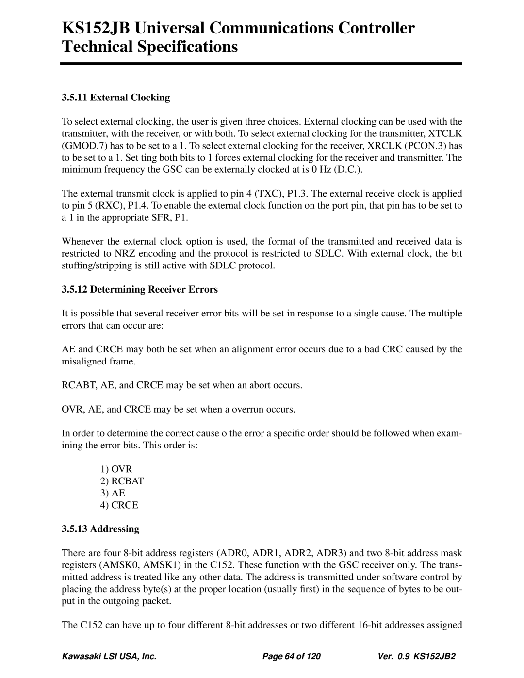 Kawasaki 80C152, KS152JB, 80C51 External Clocking, Determining Receiver Errors, Rcbat Crce, Addressing 