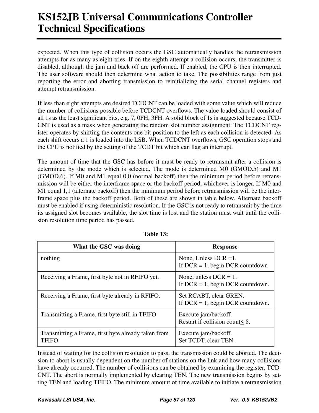 Kawasaki 80C152, KS152JB, 80C51 technical specifications What the GSC was doing Response, Tfifo 