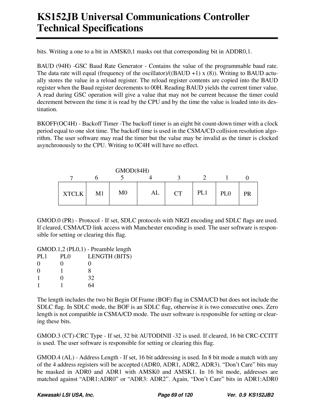 Kawasaki KS152JB, 80C152, 80C51 technical specifications GMOD84H Xtclk PL1 PL0, PL1 PL0 Length Bits 