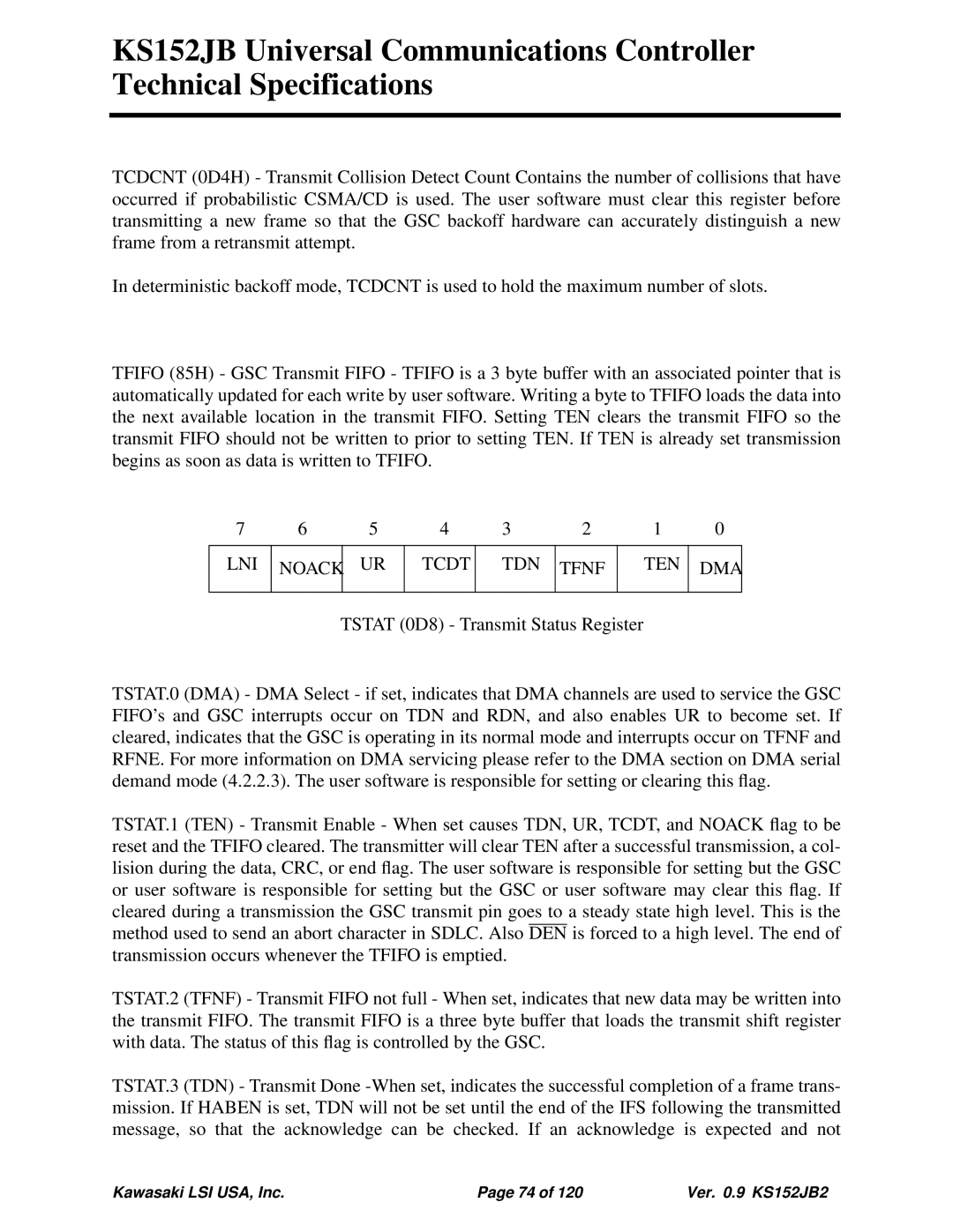 Kawasaki 80C51, KS152JB, 80C152 technical specifications LNI Noack Tcdt TDN Tfnf TEN DMA 