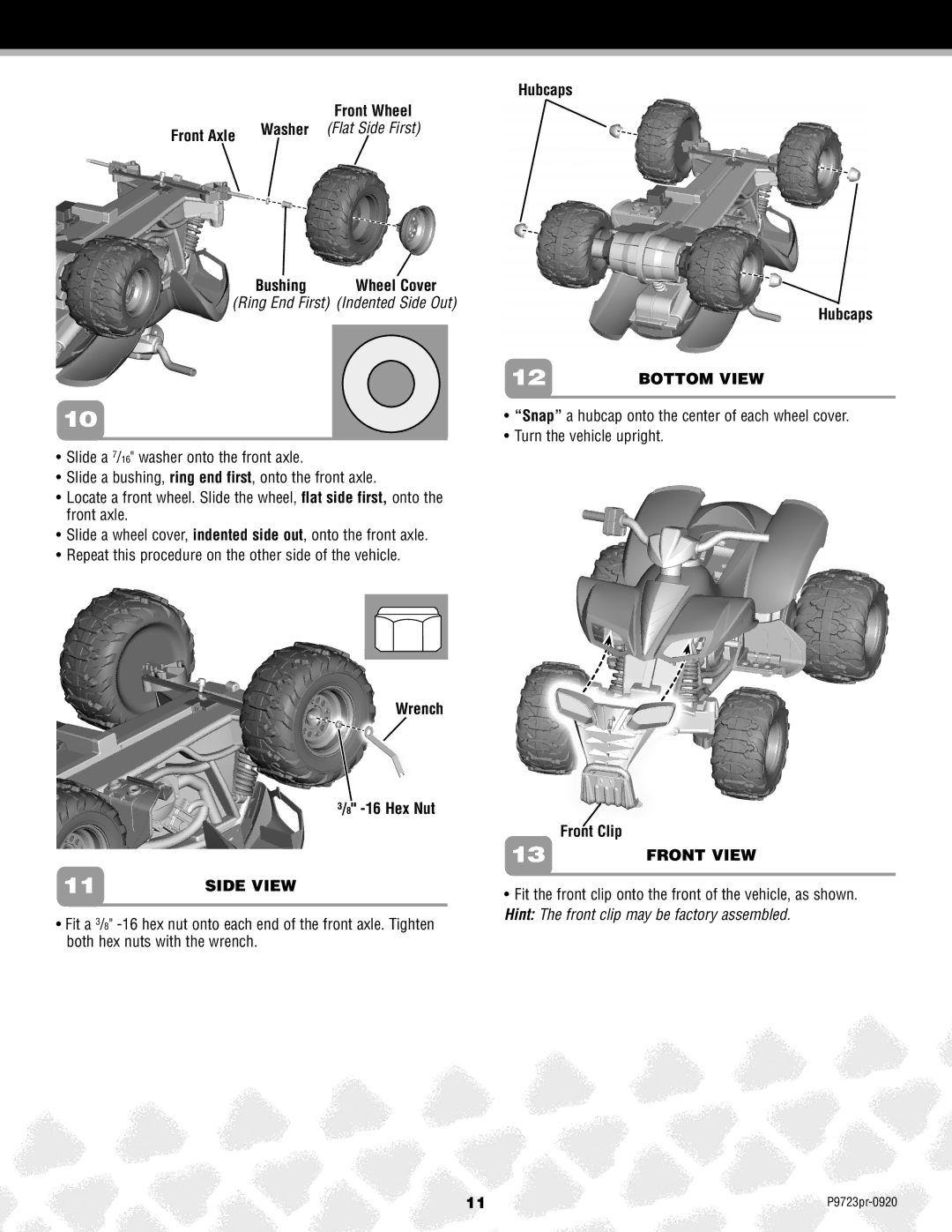 Kawasaki P9723 owner manual Front Axle, Bushing Wheel Cover, Wrench 16 Hex Nut, Hubcaps 