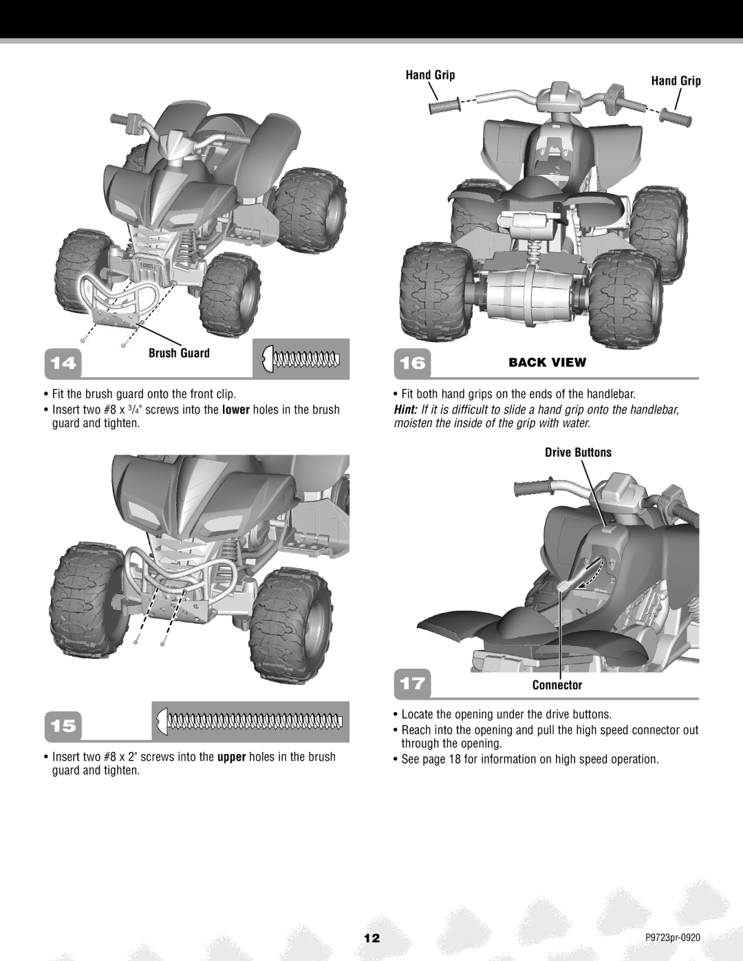 Kawasaki P9723 owner manual Brush Guard Hand Grip, Drive Buttons 17Connector 