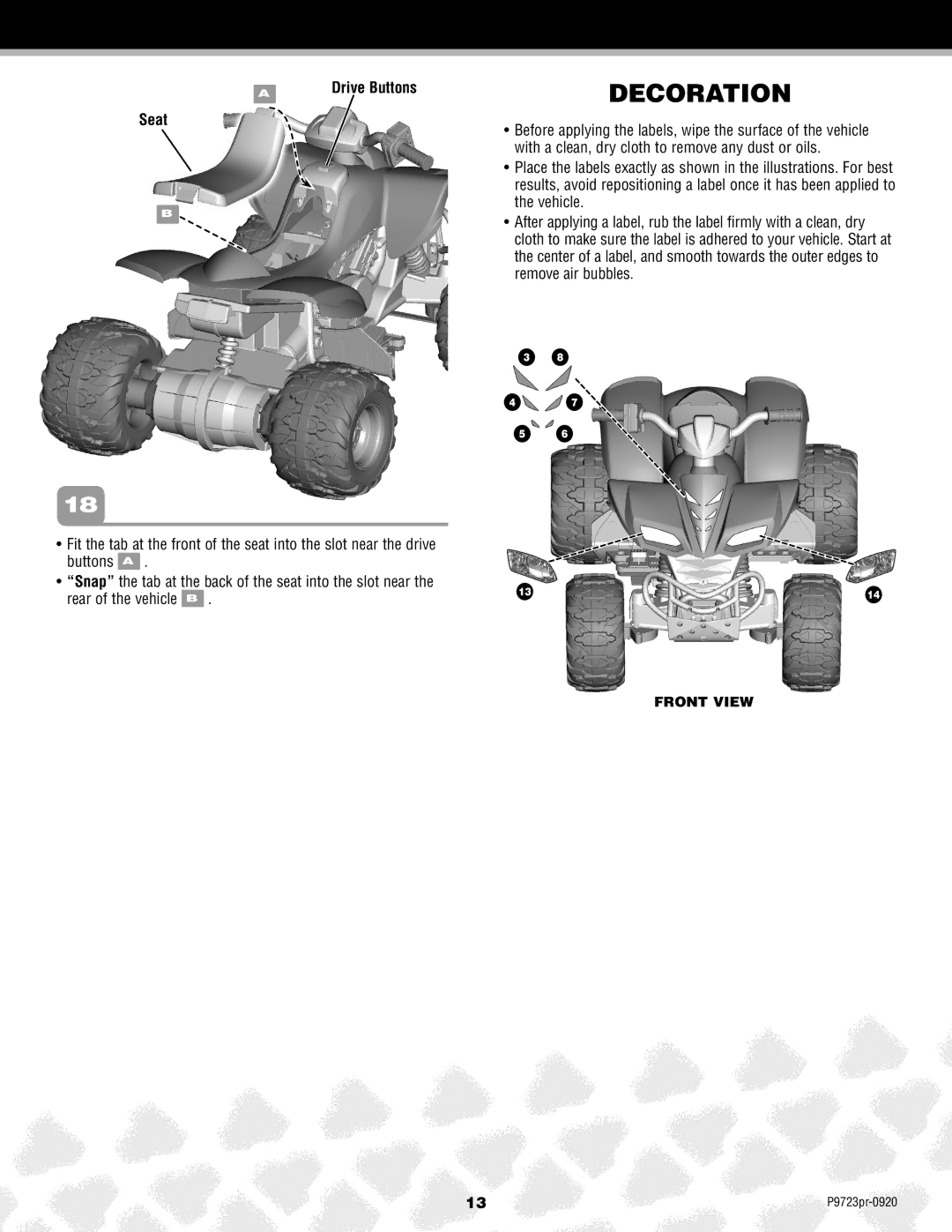 Kawasaki P9723 owner manual Decoration, Seat 