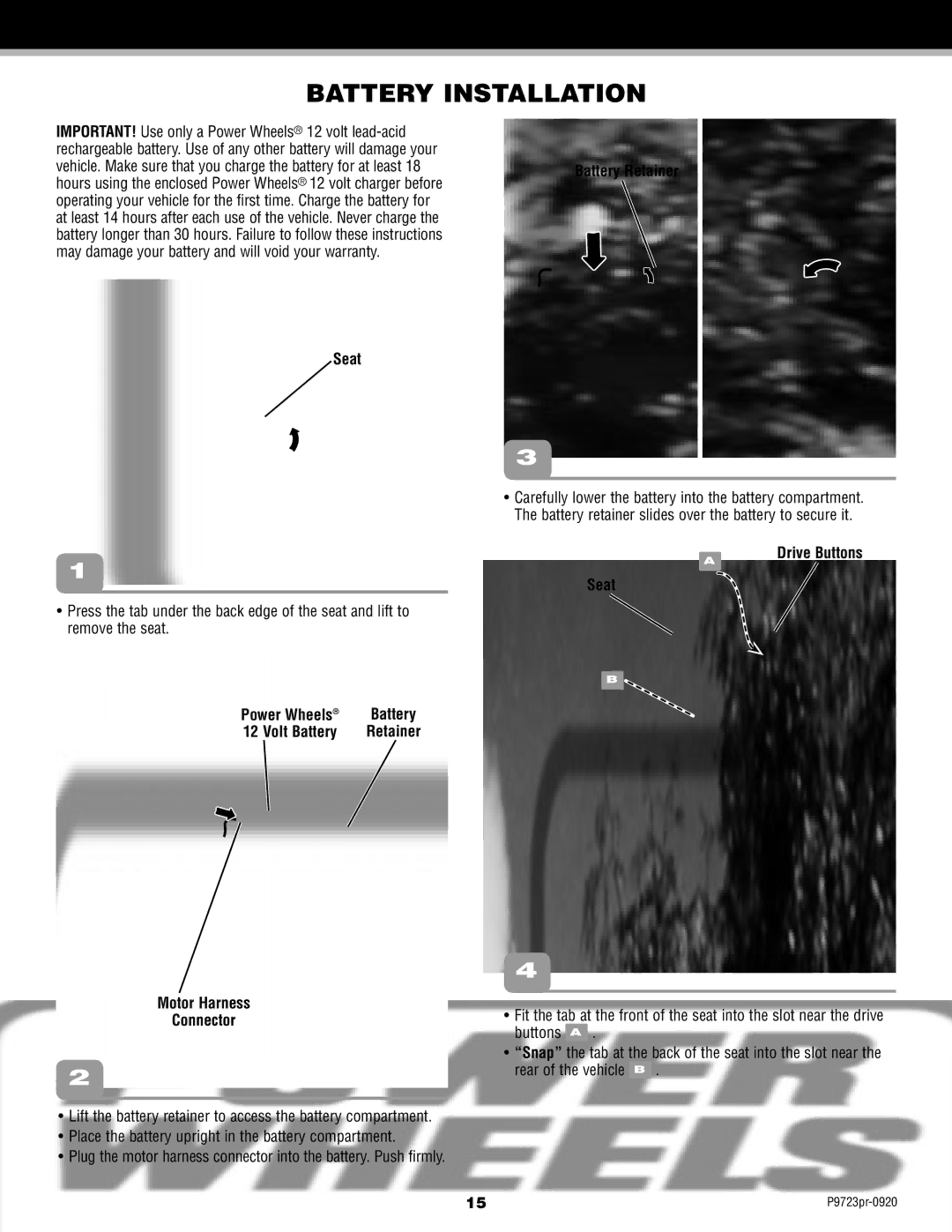 Kawasaki P9723 Battery Installation, Seat Battery Retainer, Power Wheels, Motor Harness Seat Drive Buttons Connector 