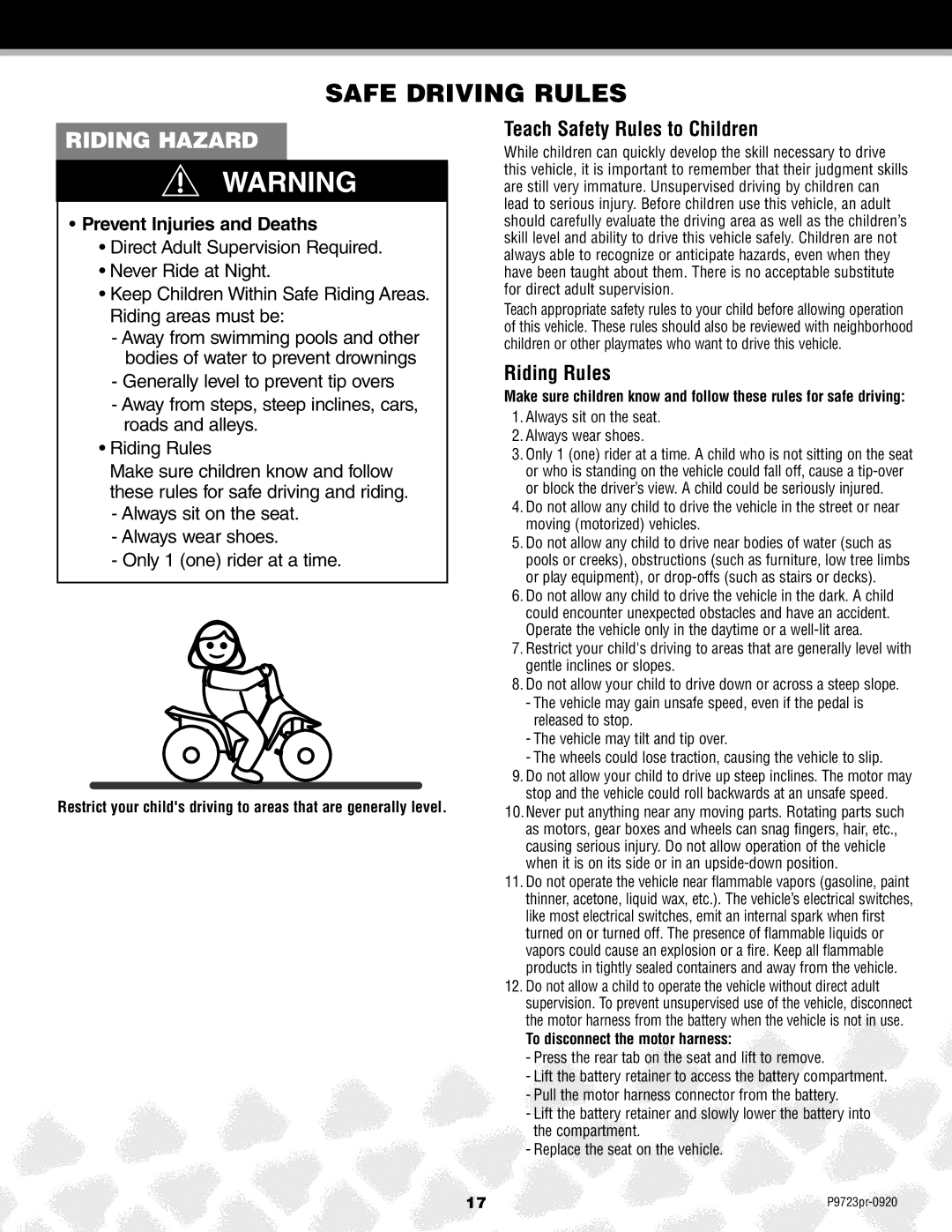 Kawasaki P9723 owner manual Safe Driving Rules, To disconnect the motor harness 