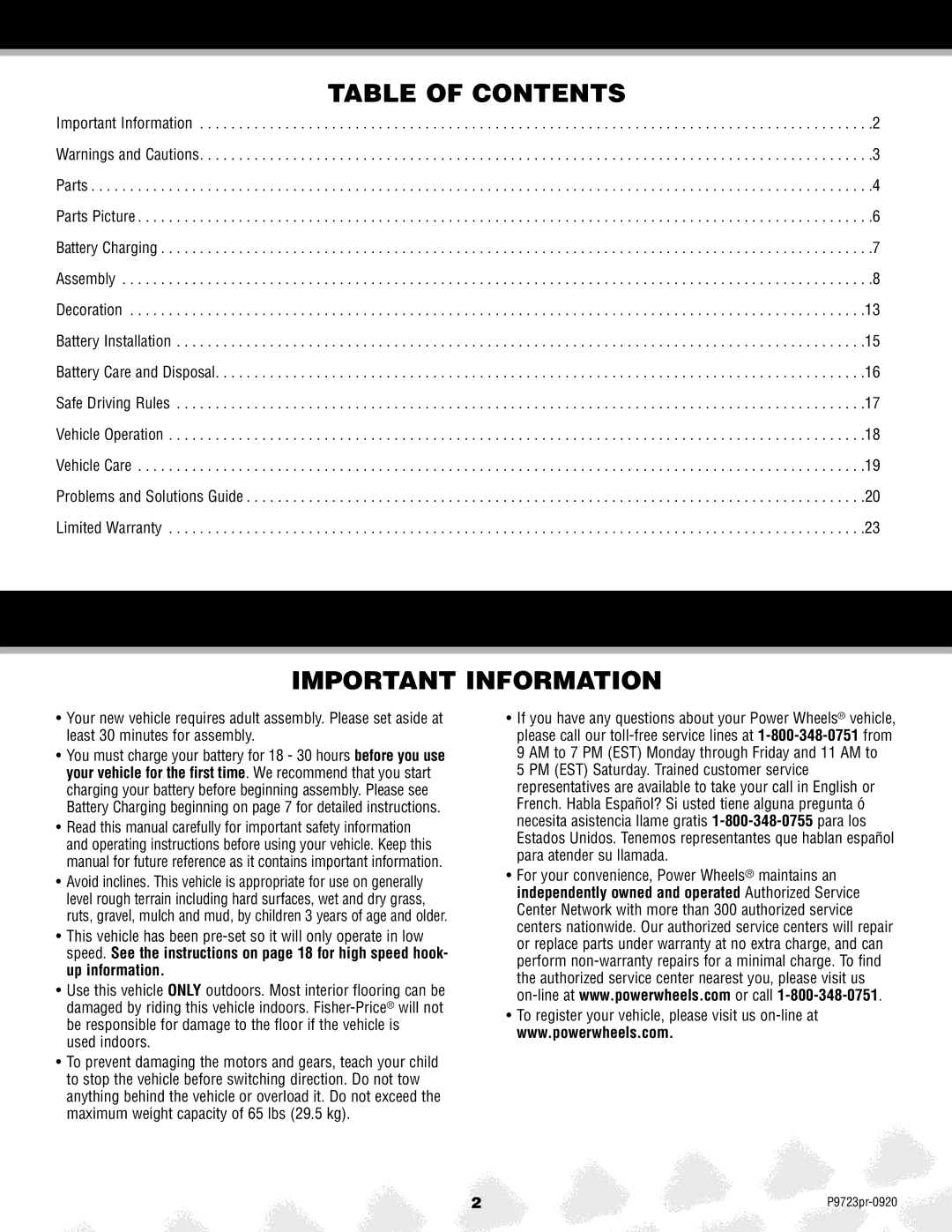 Kawasaki P9723 owner manual Table of Contents, Important Information 