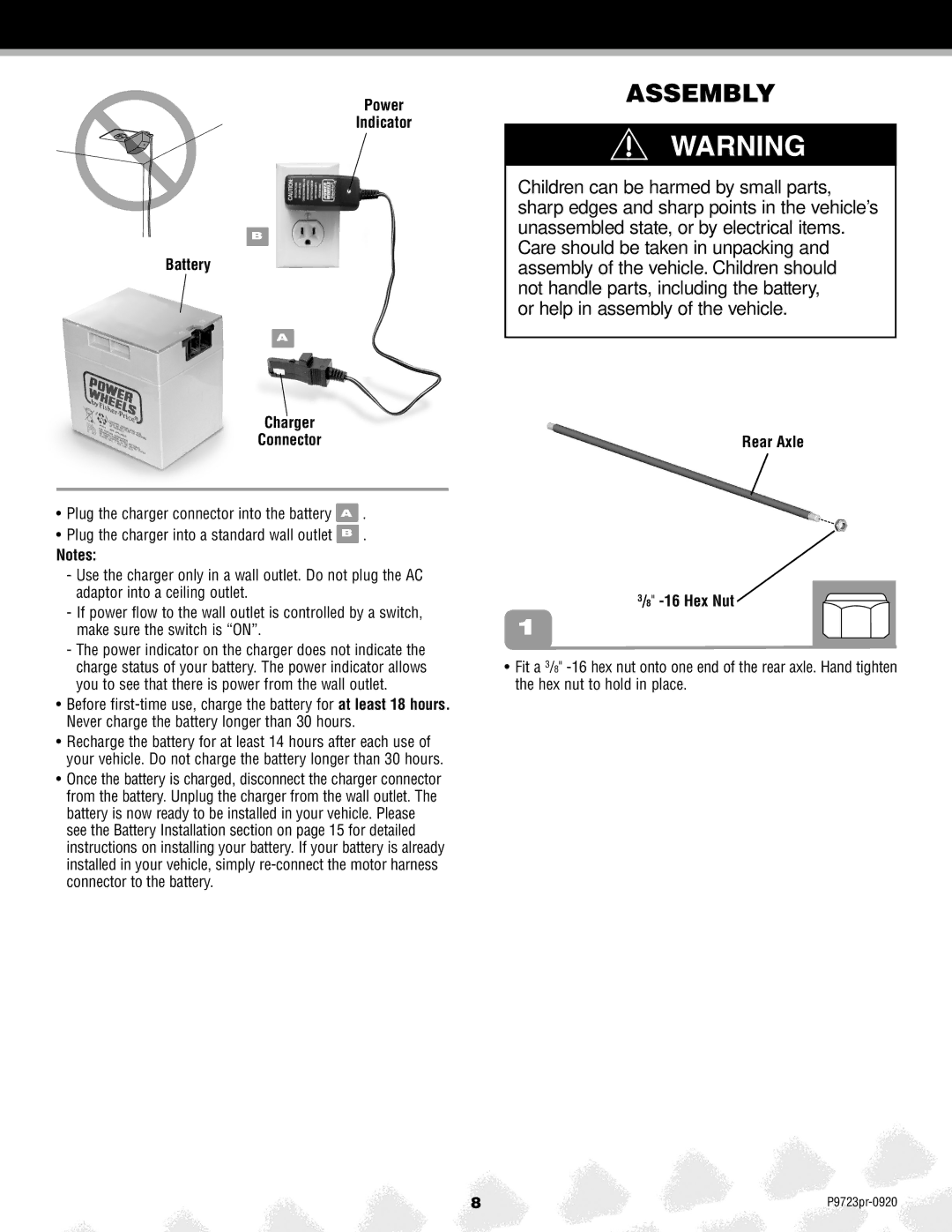 Kawasaki P9723 owner manual Assembly, Power Indicator Battery Charger Connector, Rear Axle 16 Hex Nut 