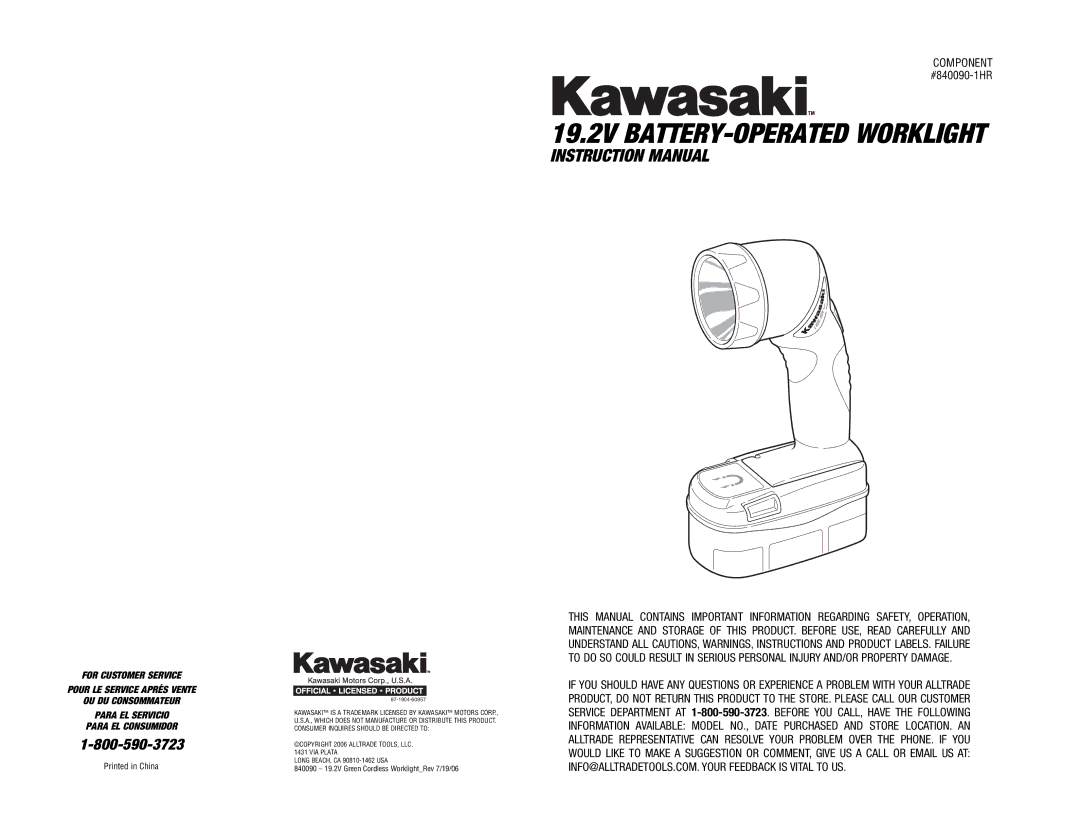 Kawasaki RH1-090048 manual 19.2V BATTERY-OPERATED Worklight 