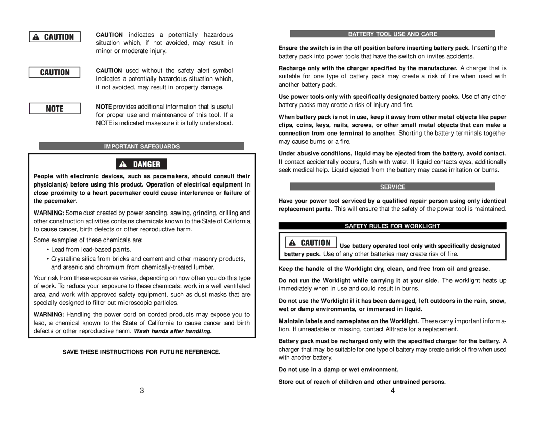 Kawasaki RH1-090048 manual Battery Tool USE and Care, Safety Rules for Worklight 