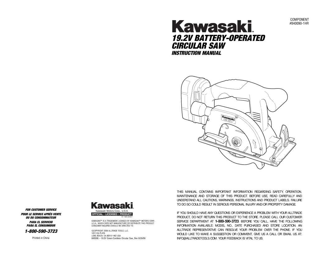 Kawasaki RH1-090048 manual 19.2V BATTERY-OPERATED Circular SAW 