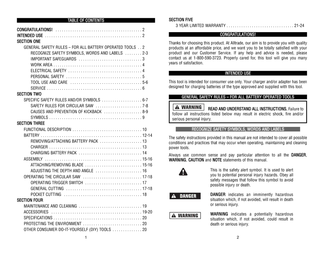 Kawasaki RH1-090048 Table of Contents, Congratulations, Intended USE, General Safety Rules for ALL Battery Operated Tools 