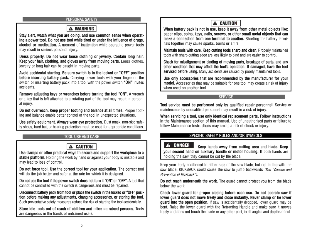 Kawasaki RH1-090048 manual Personal Safety, Tool USE and Care, Service, Specific Safety Rules AND/OR Symbols 