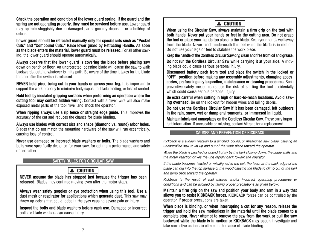 Kawasaki RH1-090048 manual Safety Rules for Circular SAW, Causes and Prevention of Kickback 