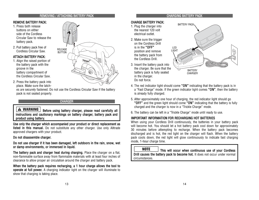 Kawasaki RH1-090048 manual Removing / Attaching Battery Pack, Charging Battery Pack, Charger 