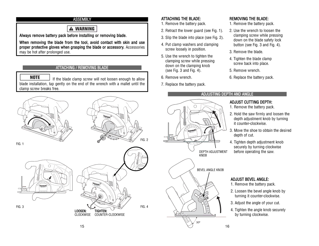 Kawasaki RH1-090048 manual Assembly, Attaching / Removing Blade, Adjusting Depth and Angle 