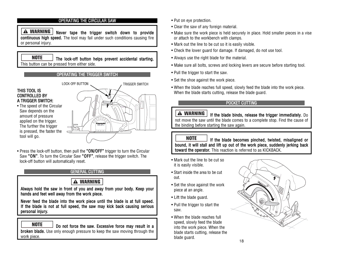 Kawasaki RH1-090048 manual Operating the Circular SAW, Operating the Trigger Switch, General Cutting, Pocket Cutting 