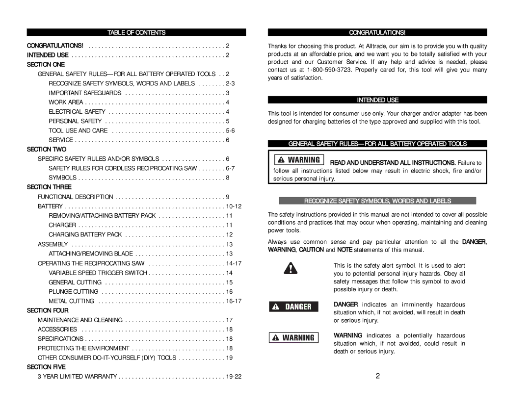 Kawasaki RH1-090048 manual Table of Contents, General Safety RULES-FOR ALL Battery Operated Tools 