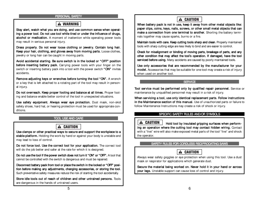 Kawasaki RH1-090048 manual Personal Safety, Safety Rules for Cordless Reciprocating Saws 