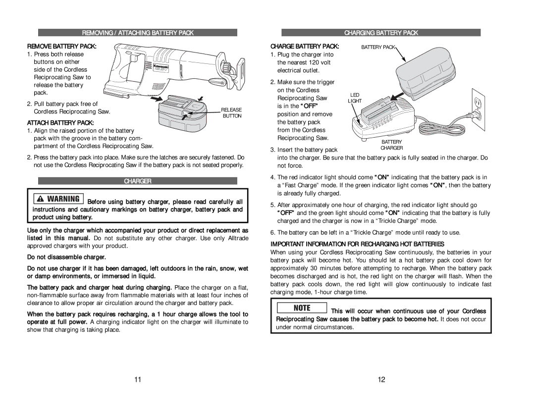 Kawasaki RH1-090048 manual Cordless Reciprocating Saw 