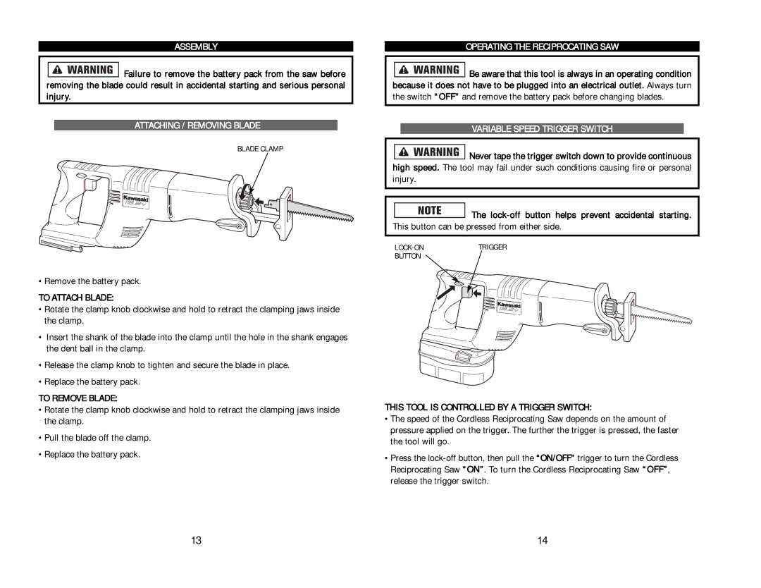 Kawasaki RH1-090048 manual To Attach Blade, To Remove Blade, Operating the Reciprocating SAW, Variable Speed Trigger Switch 