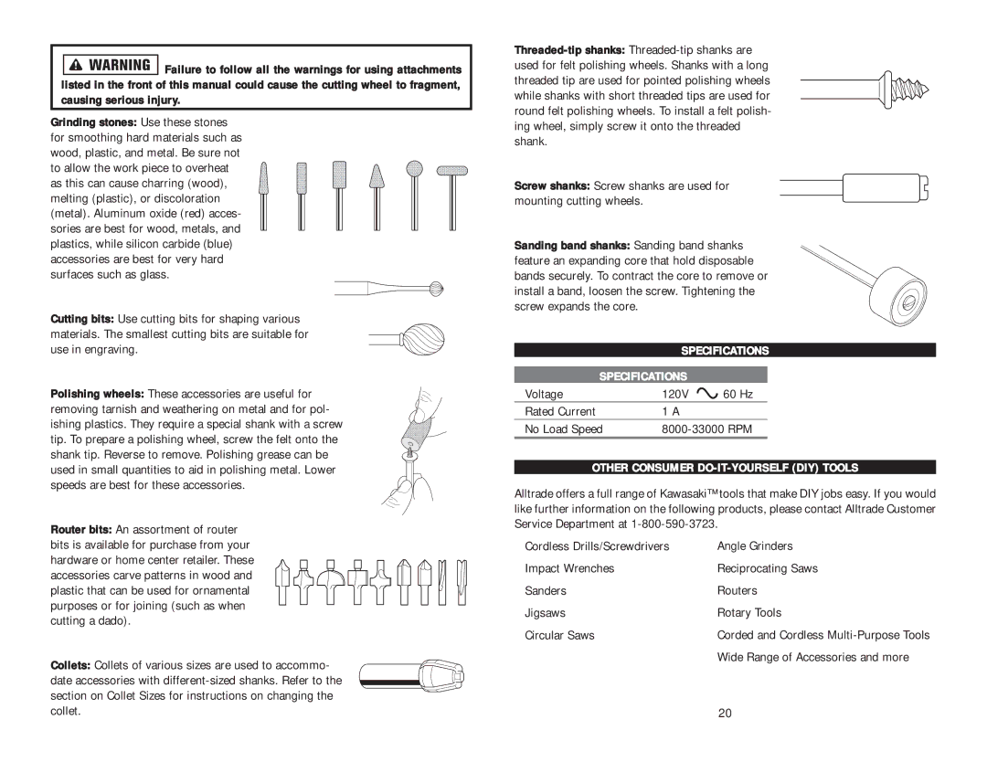 Kawasaki Rotary Tool instruction manual Specifications, Other Consumer DO-IT-YOURSELF DIY Tools 