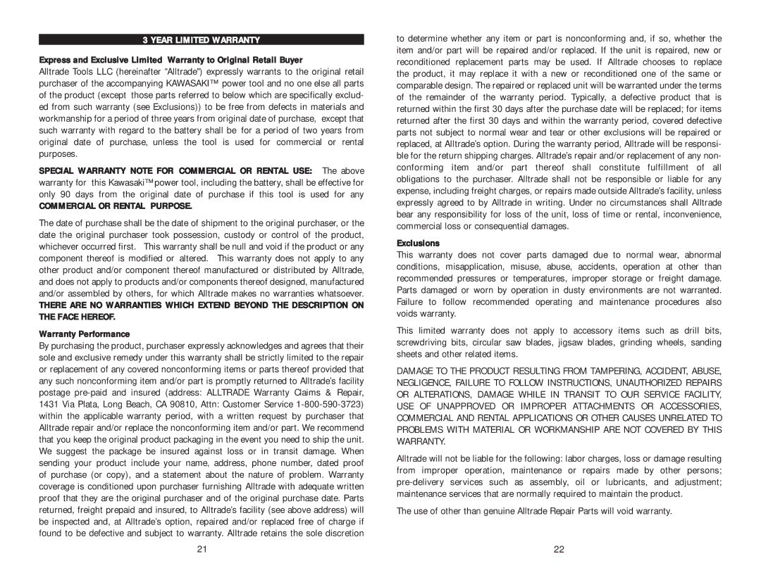Kawasaki Rotary Tool Year Limited Warranty, Commercial or Rental Purpose, Warranty Performance, Exclusions 