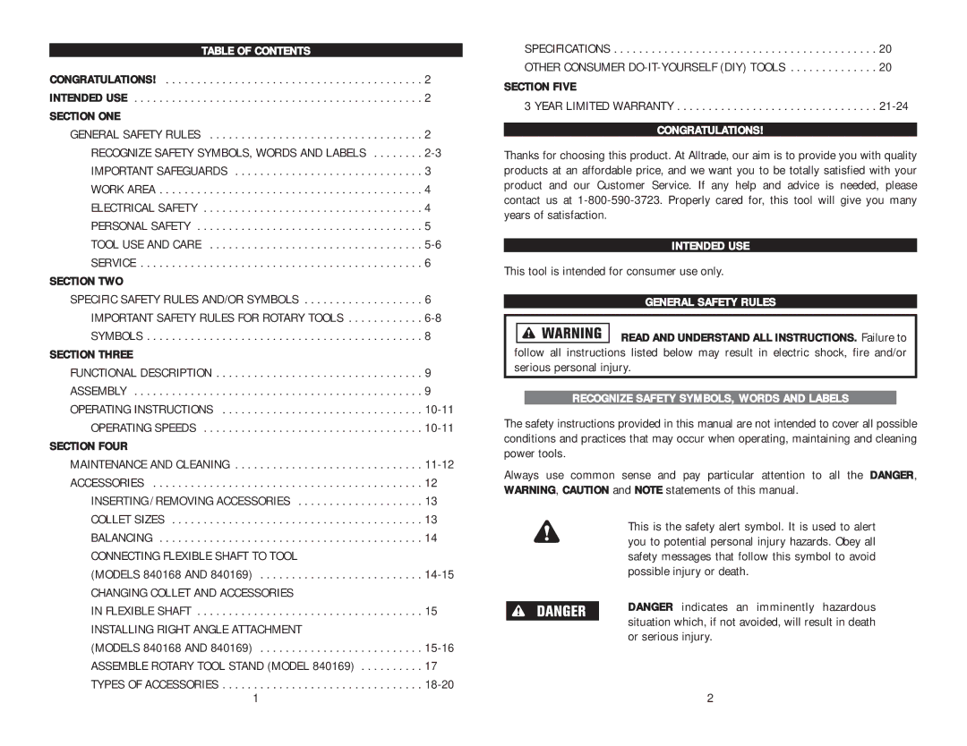 Kawasaki Rotary Tool instruction manual Table of Contents, Congratulations, Intended USE, General Safety Rules 