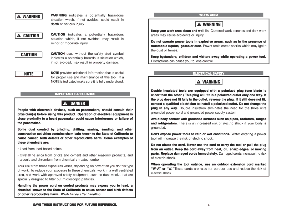 Kawasaki Rotary Tool Important Safeguards, Save These Instructions for Future Reference, Work Area, Electrical Safety 