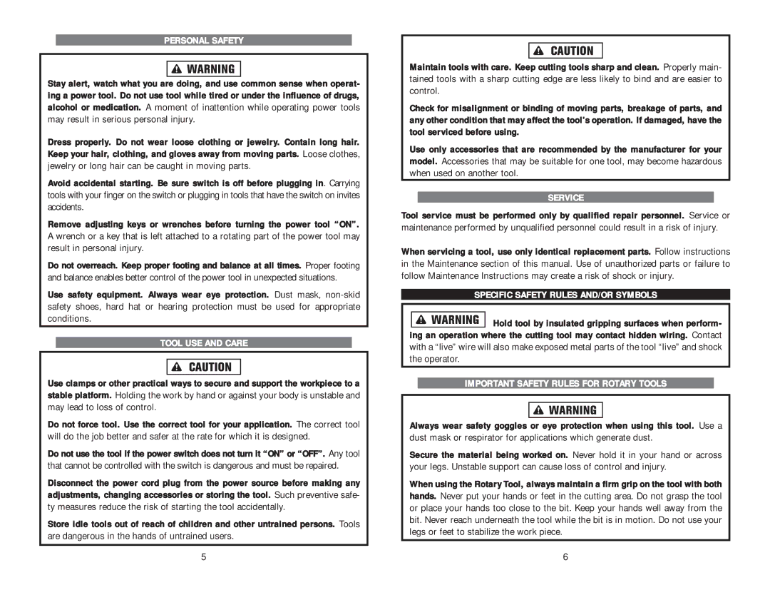 Kawasaki Rotary Tool instruction manual Personal Safety, Tool USE and Care, Service, Specific Safety Rules AND/OR Symbols 