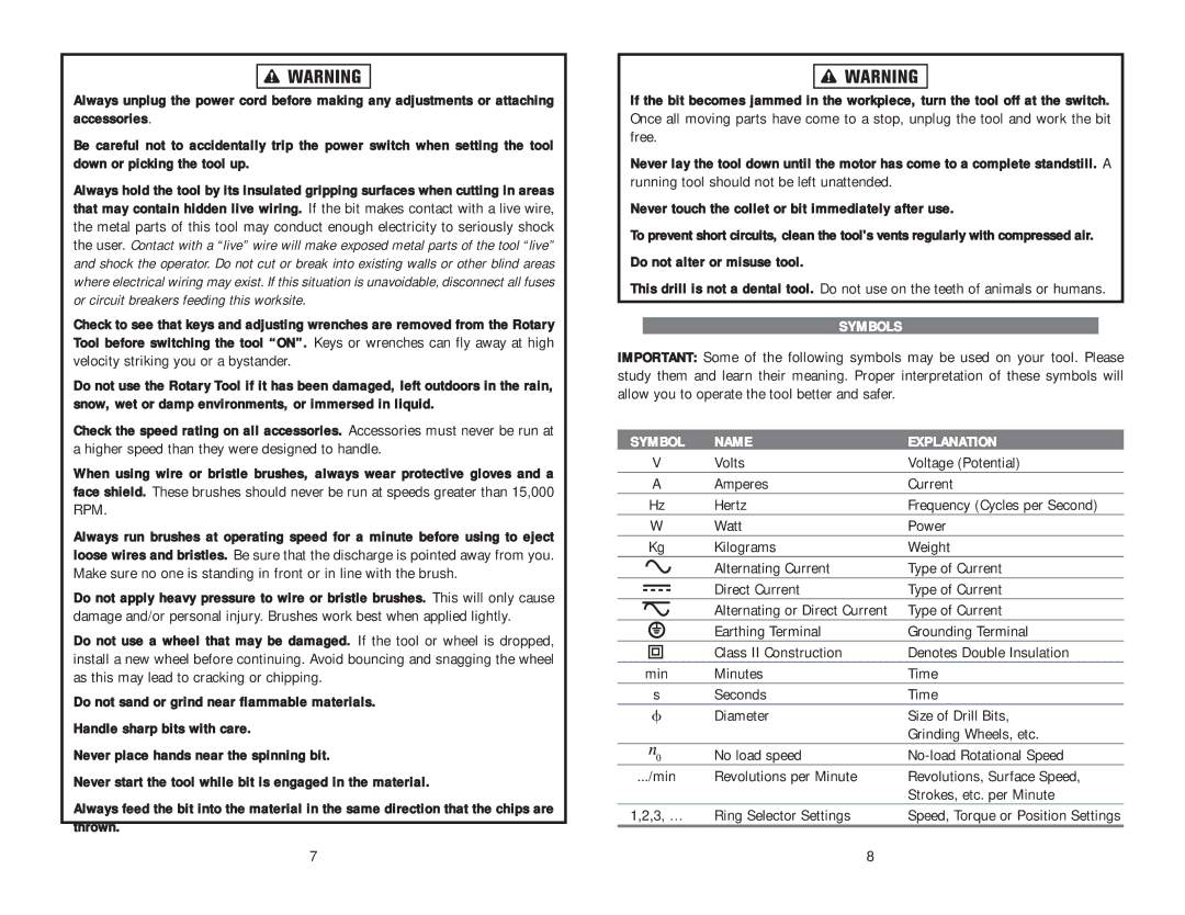 Kawasaki Rotary Tool instruction manual Symbols, Symbol Name Explanation 