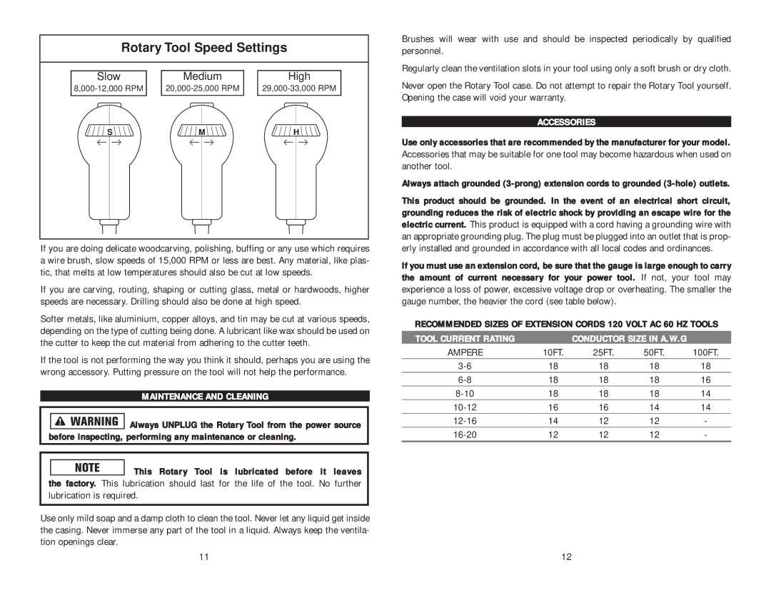 Kawasaki instruction manual Maintenance and Cleaning, This Rotary Tool is lubricated before it leaves, Accessories 