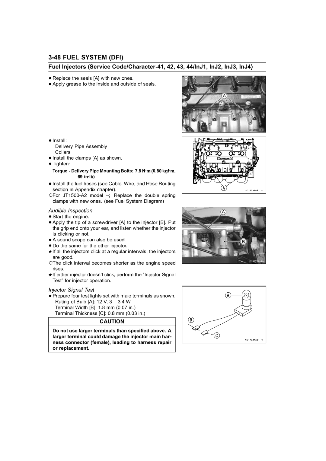 Kawasaki STX-15F service manual Audible Inspection, Injector Signal Test 