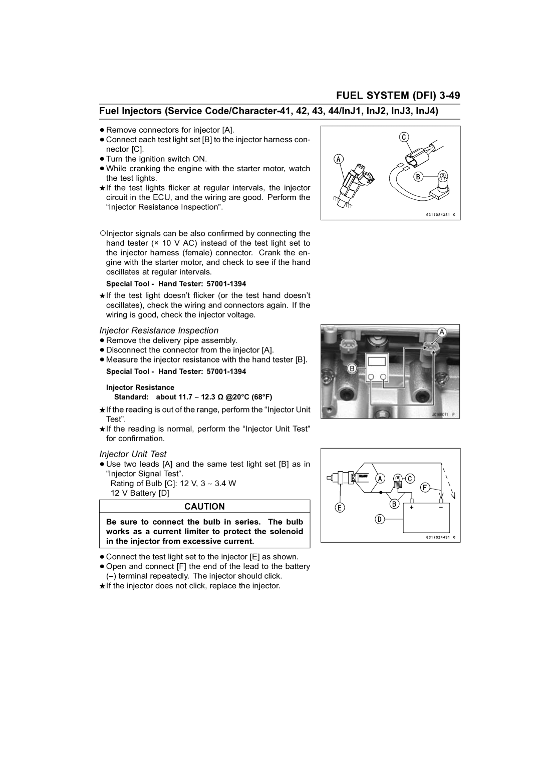 Kawasaki STX-15F service manual Injector Resistance Inspection, Injector Unit Test 