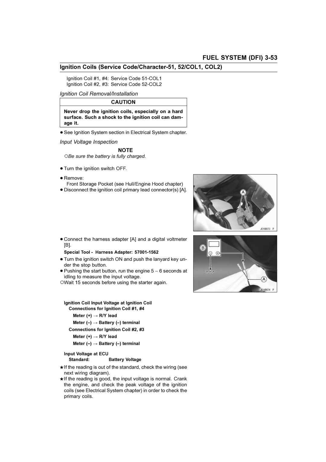 Kawasaki STX-15F service manual Ignition Coils Service Code/Character-51, 52/COL1, COL2, Ignition Coil Removal/Installation 