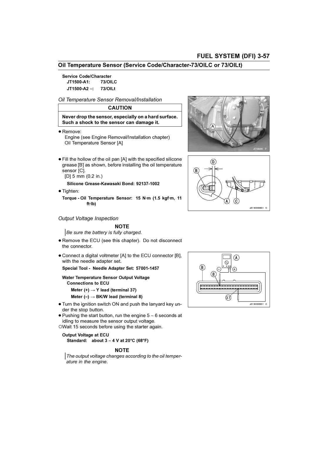 Kawasaki STX-15F service manual Oil Temperature Sensor Removal/Installation, Output Voltage Inspection 