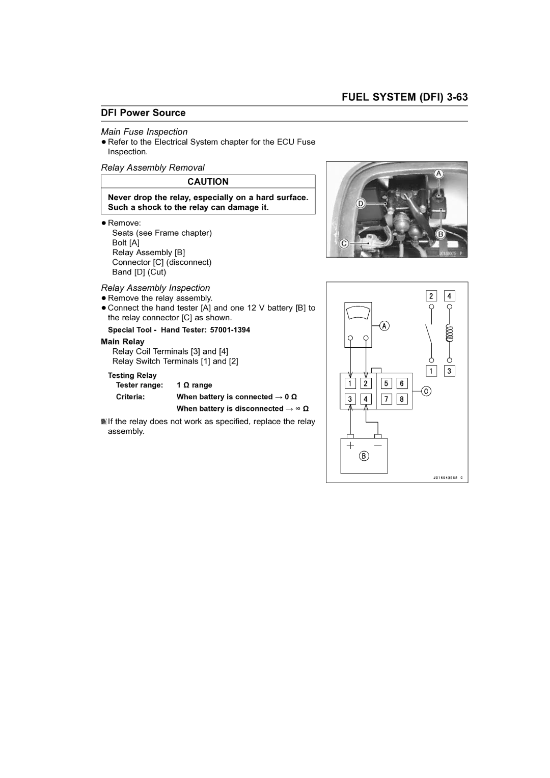 Kawasaki STX-15F DFI Power Source, Main Fuse Inspection, Relay Assembly Removal, Relay Assembly Inspection, Main Relay 