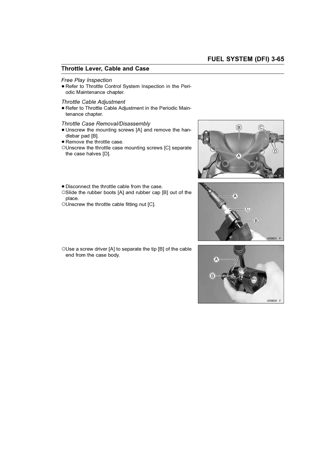 Kawasaki STX-15F service manual Throttle Lever, Cable and Case, Free Play Inspection, Throttle Cable Adjustment 