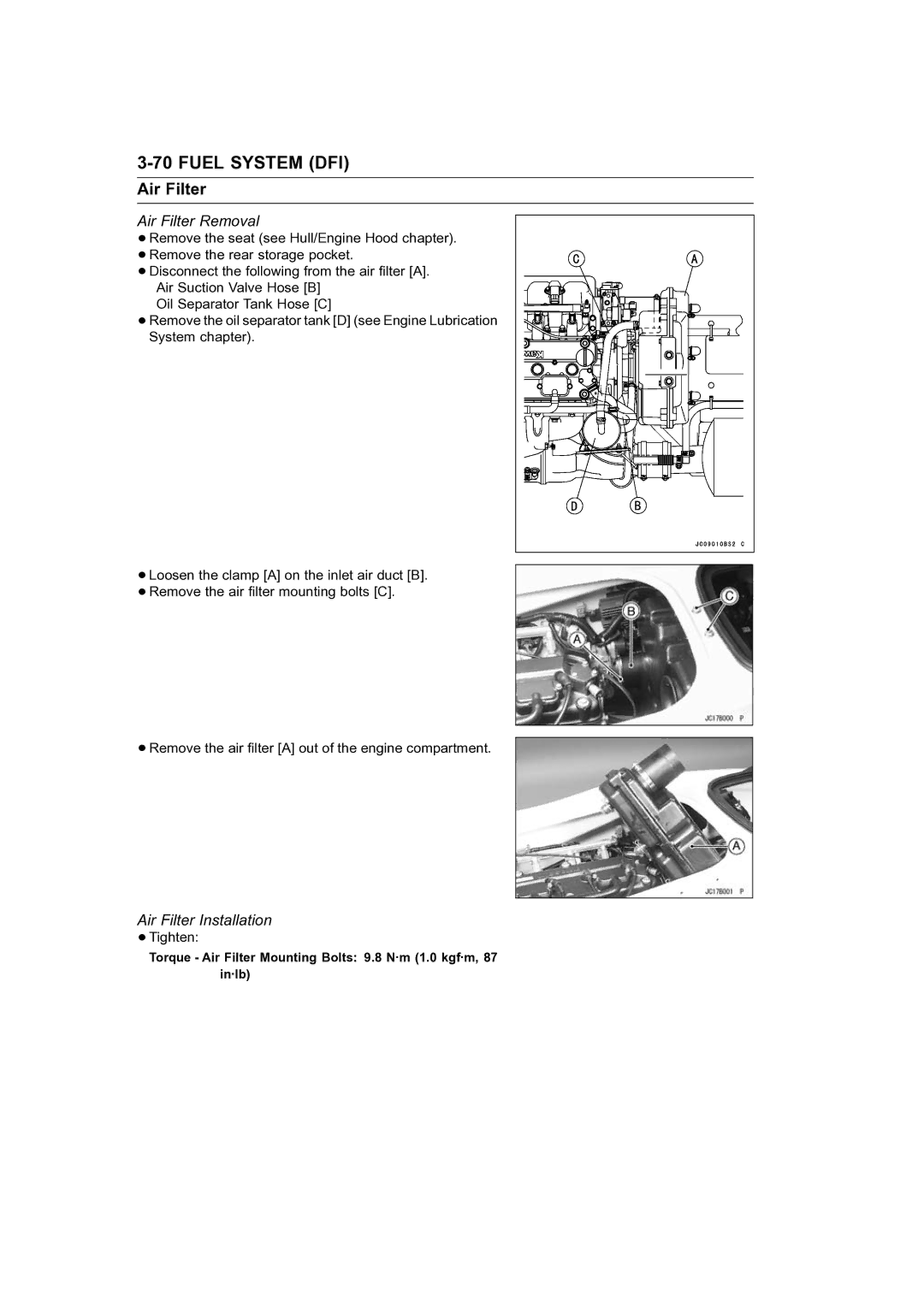 Kawasaki STX-15F service manual Air Filter Removal, Air Filter Installation 