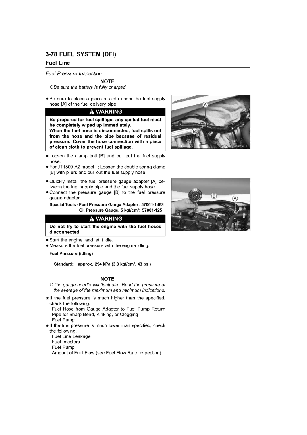 Kawasaki STX-15F service manual Fuel Line, Fuel Pressure Inspection 