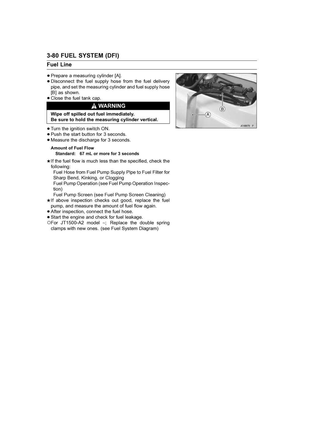 Kawasaki STX-15F service manual Amount of Fuel Flow Standard 67 mL or more for 3 seconds 