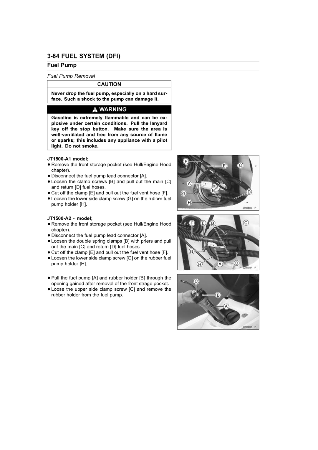 Kawasaki STX-15F service manual Fuel Pump Removal, JT1500-A2 ∼ model 