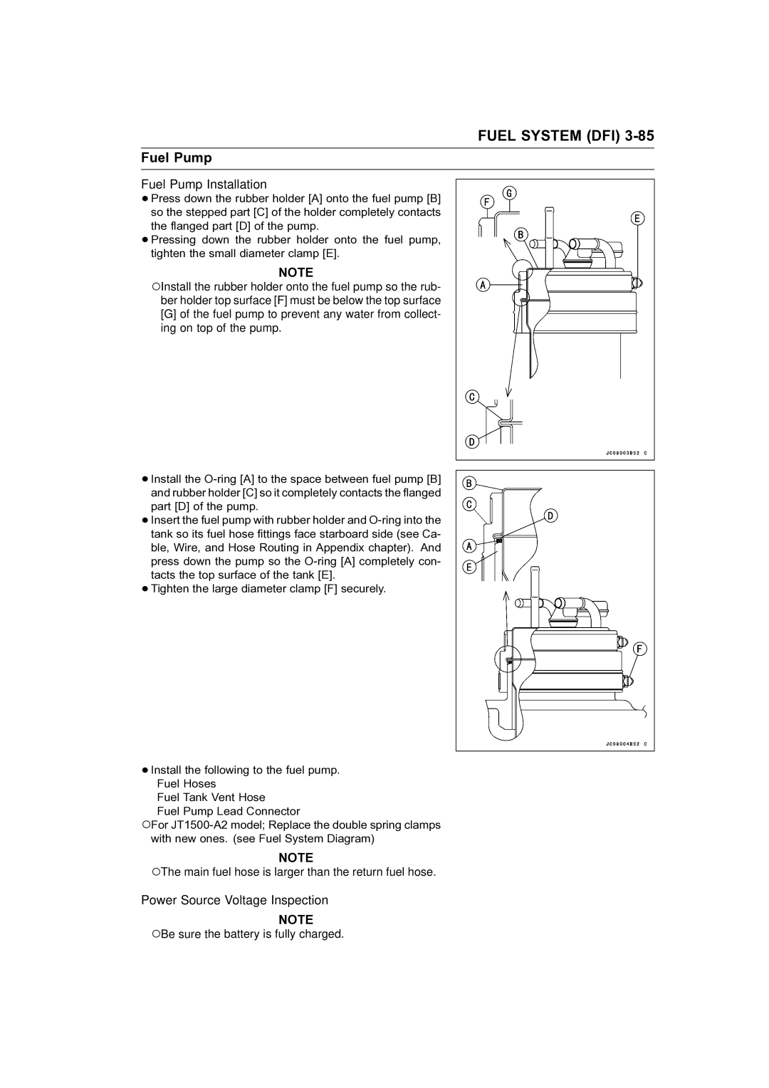 Kawasaki STX-15F service manual Fuel Pump Installation, Power Source Voltage Inspection 