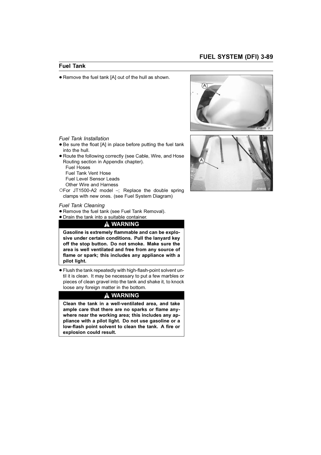 Kawasaki STX-15F service manual Fuel Tank Installation, Fuel Tank Cleaning 