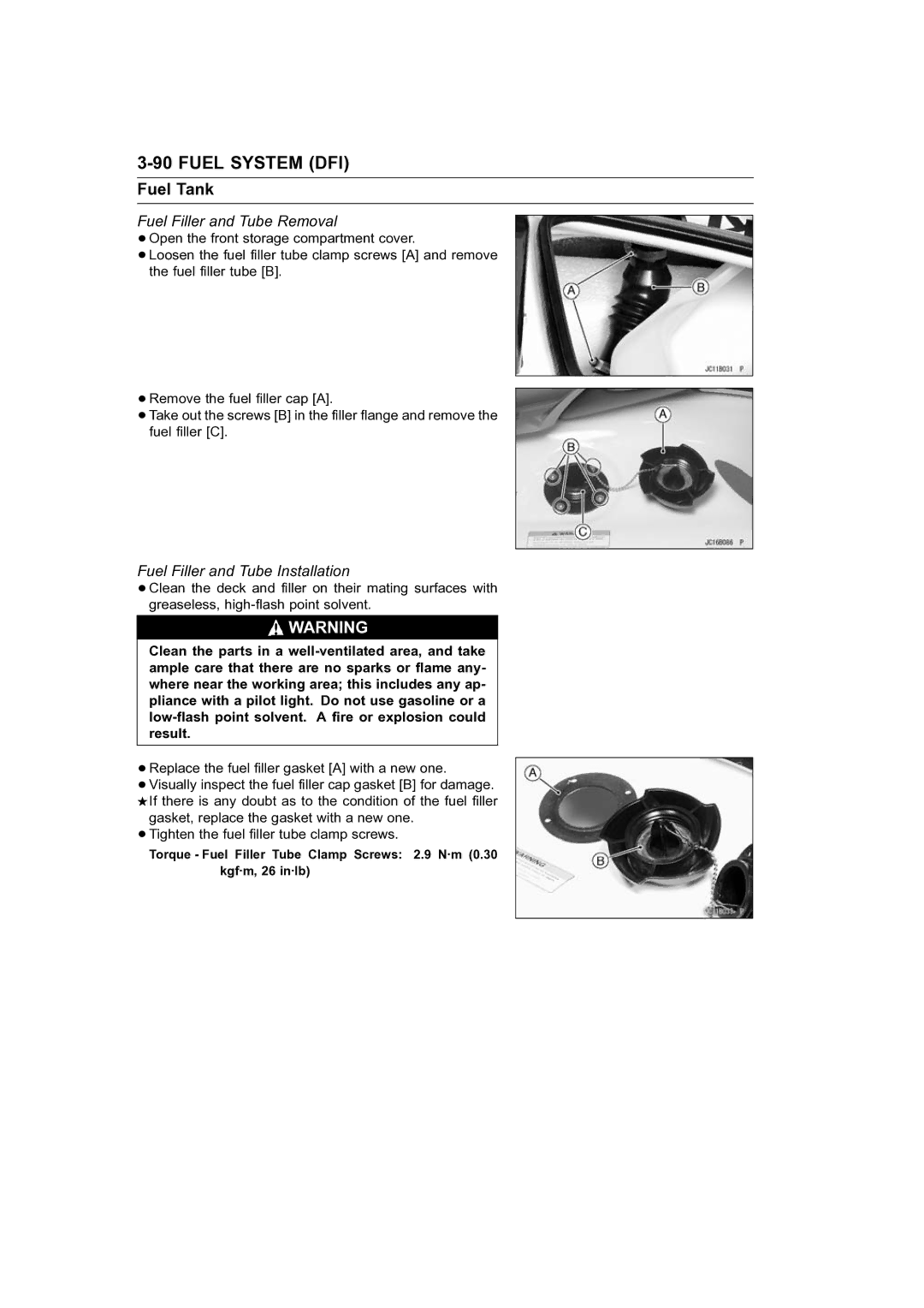 Kawasaki STX-15F service manual Fuel Filler and Tube Removal, Fuel Filler and Tube Installation 