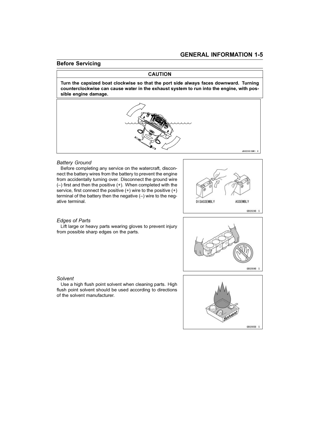 Kawasaki STX-15F service manual Battery Ground, Edges of Parts, Solvent 