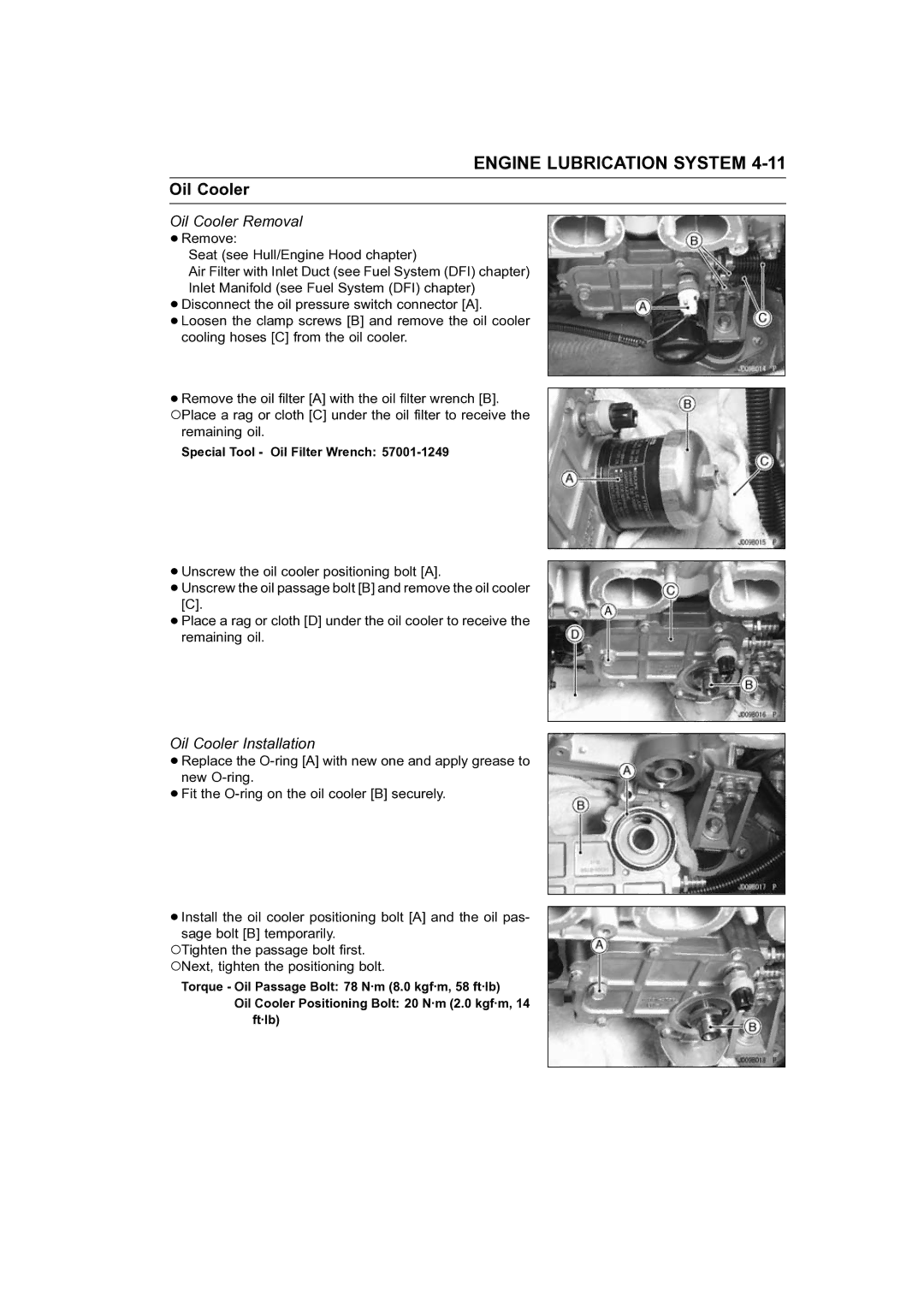 Kawasaki STX-15F service manual Oil Cooler Removal, Oil Cooler Installation 