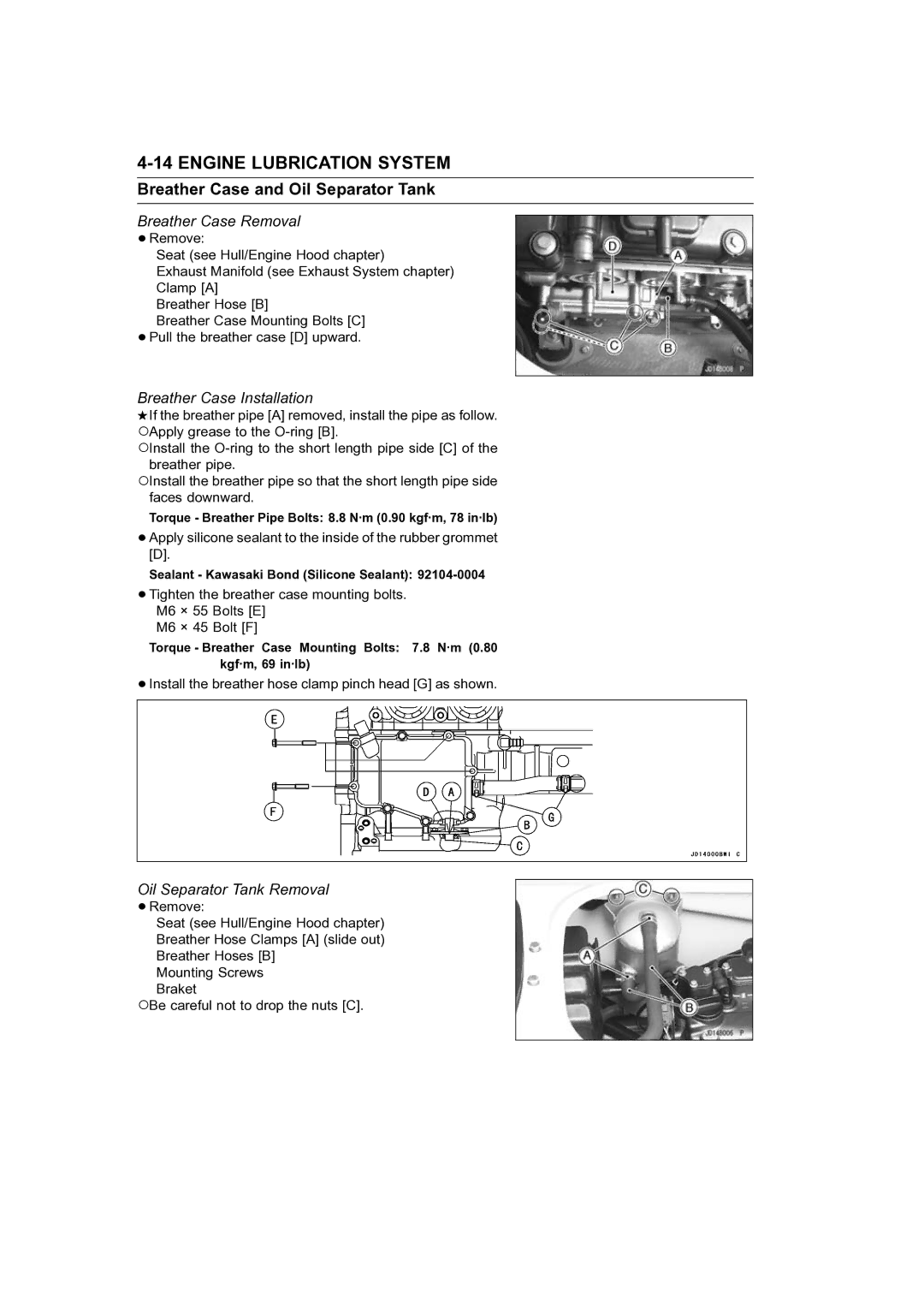 Kawasaki STX-15F service manual Breather Case and Oil Separator Tank, Breather Case Removal, Breather Case Installation 